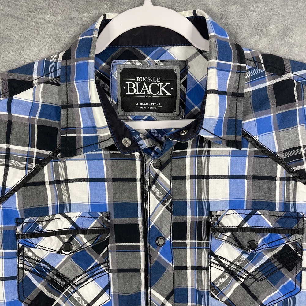 Buckle Black Athletic Fit Blue Plaid Western Snap Button‎ Down Shirt Mens Large - Picture 3 of 9